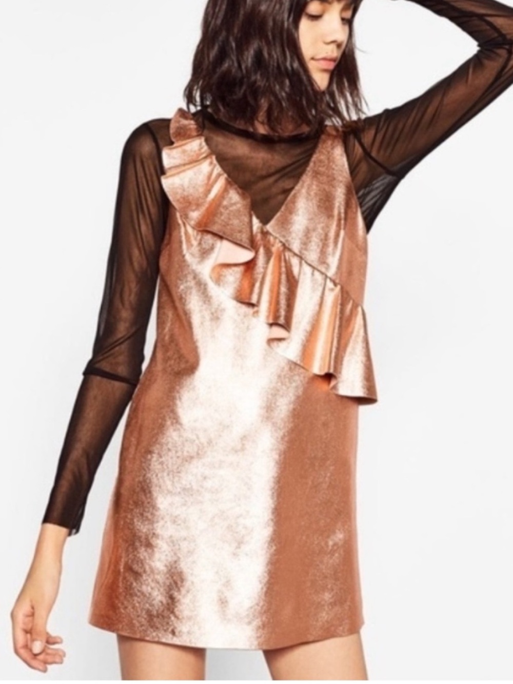 Zara Trafaluc Collection Metallic Rose Gold Ruffle Mini Dress
